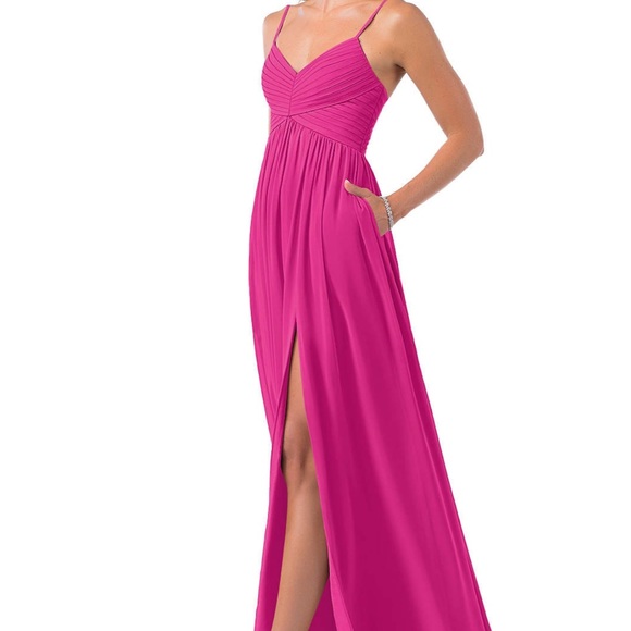 Azazie - Alia Floor-Length Dress - A-Line Pleated Chiffon - Fuchsia- Size 4- EUC - Picture 3 of 12